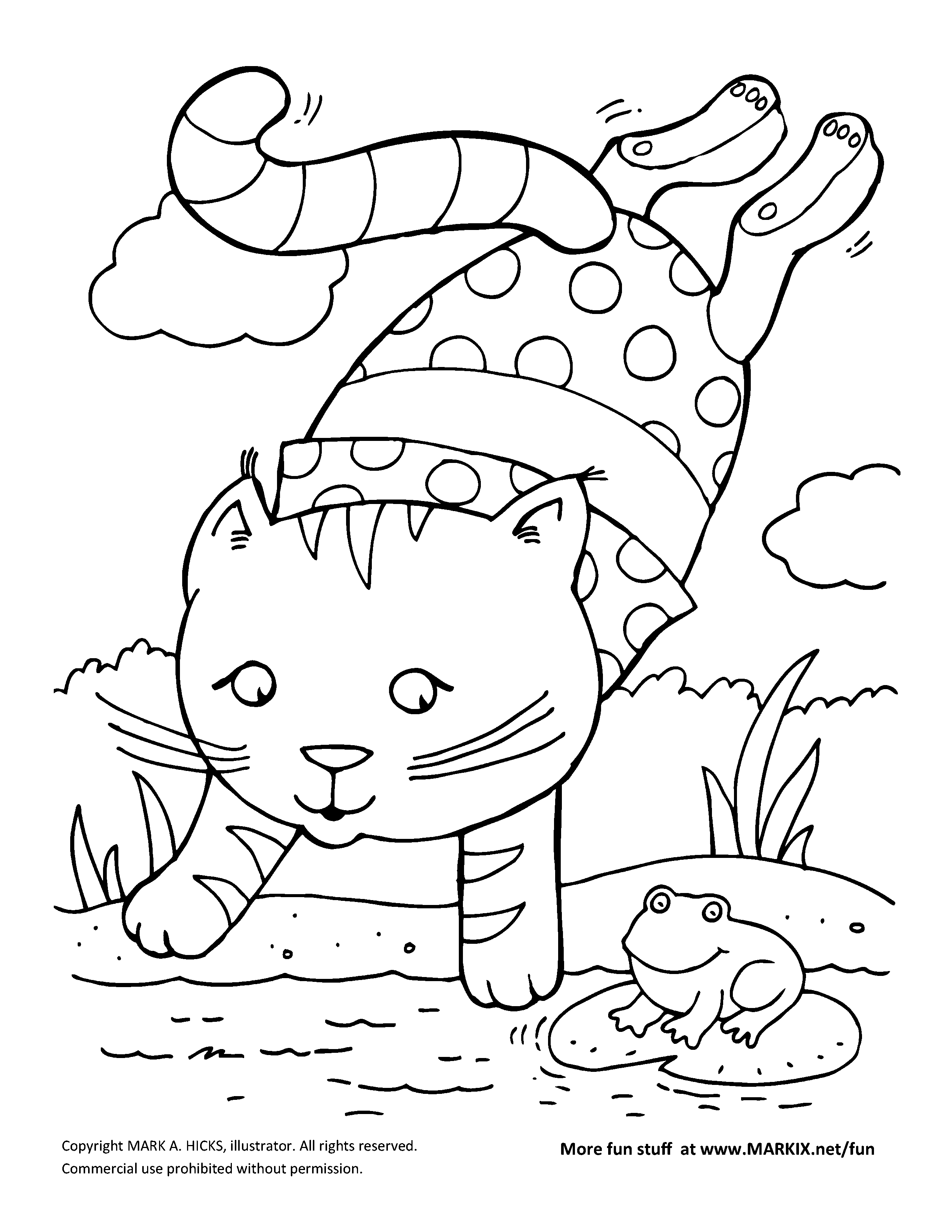 Summer Fun Diving Kitty Coloring Page in a pond with a frog
