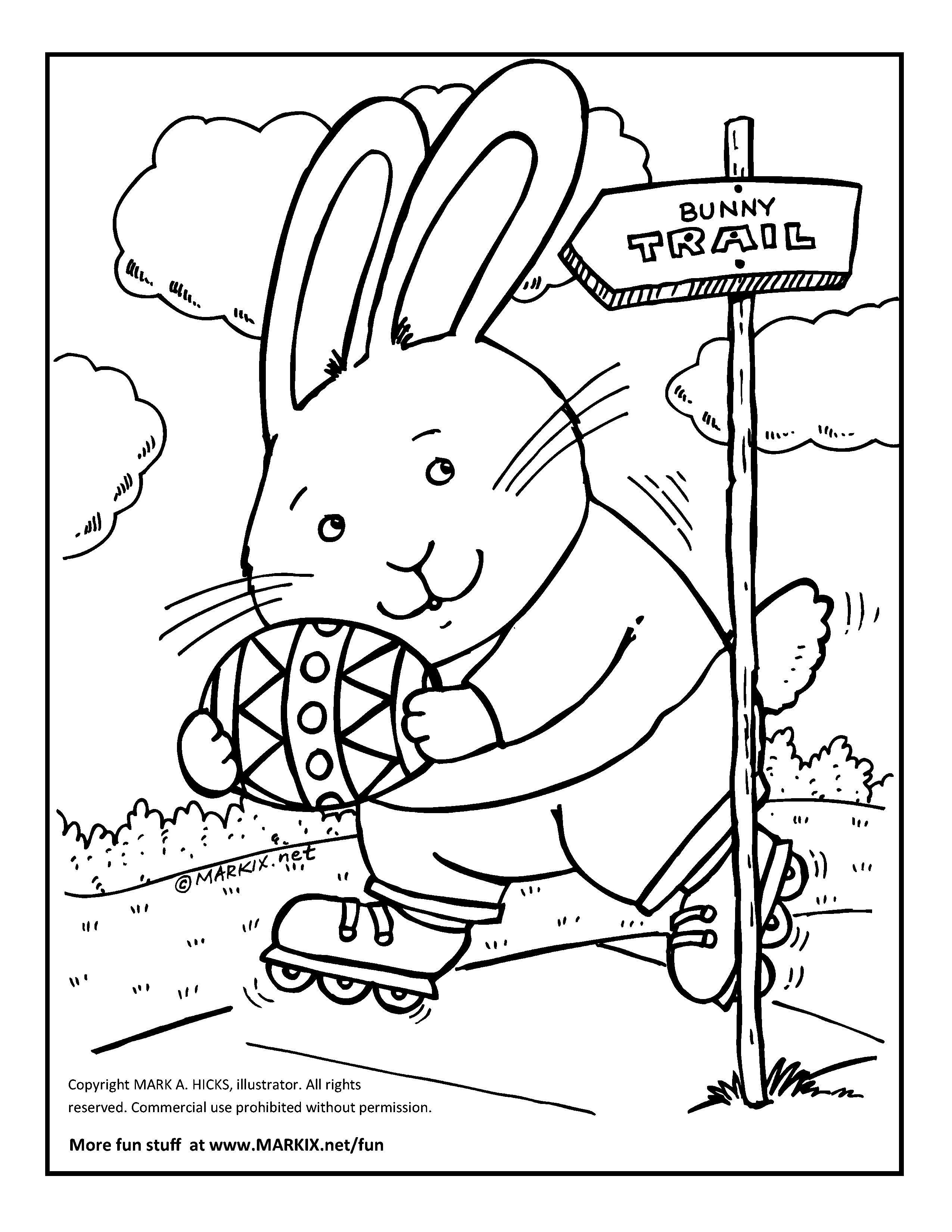 The Easter Bunny is skating down the bunny trail in this fun coloring page