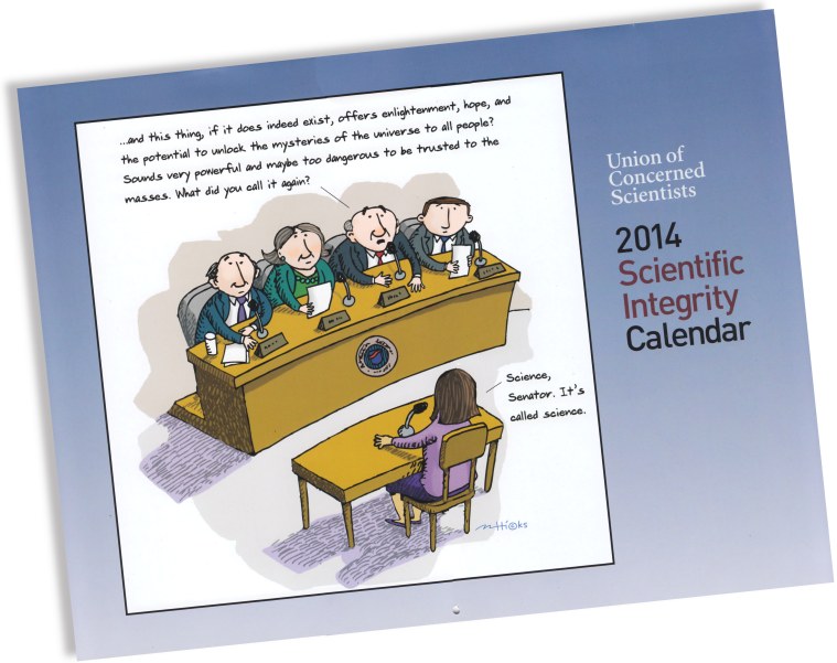 Union of Concered Scientits 2014 calendar with cover cartoon by Mark A. hicks
